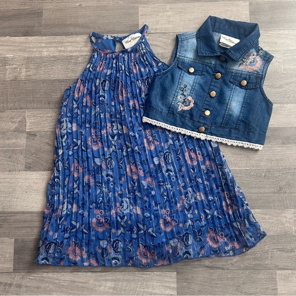 Rare Editions Girls Pleated Blue Floral Dress with Denim Vest 5
